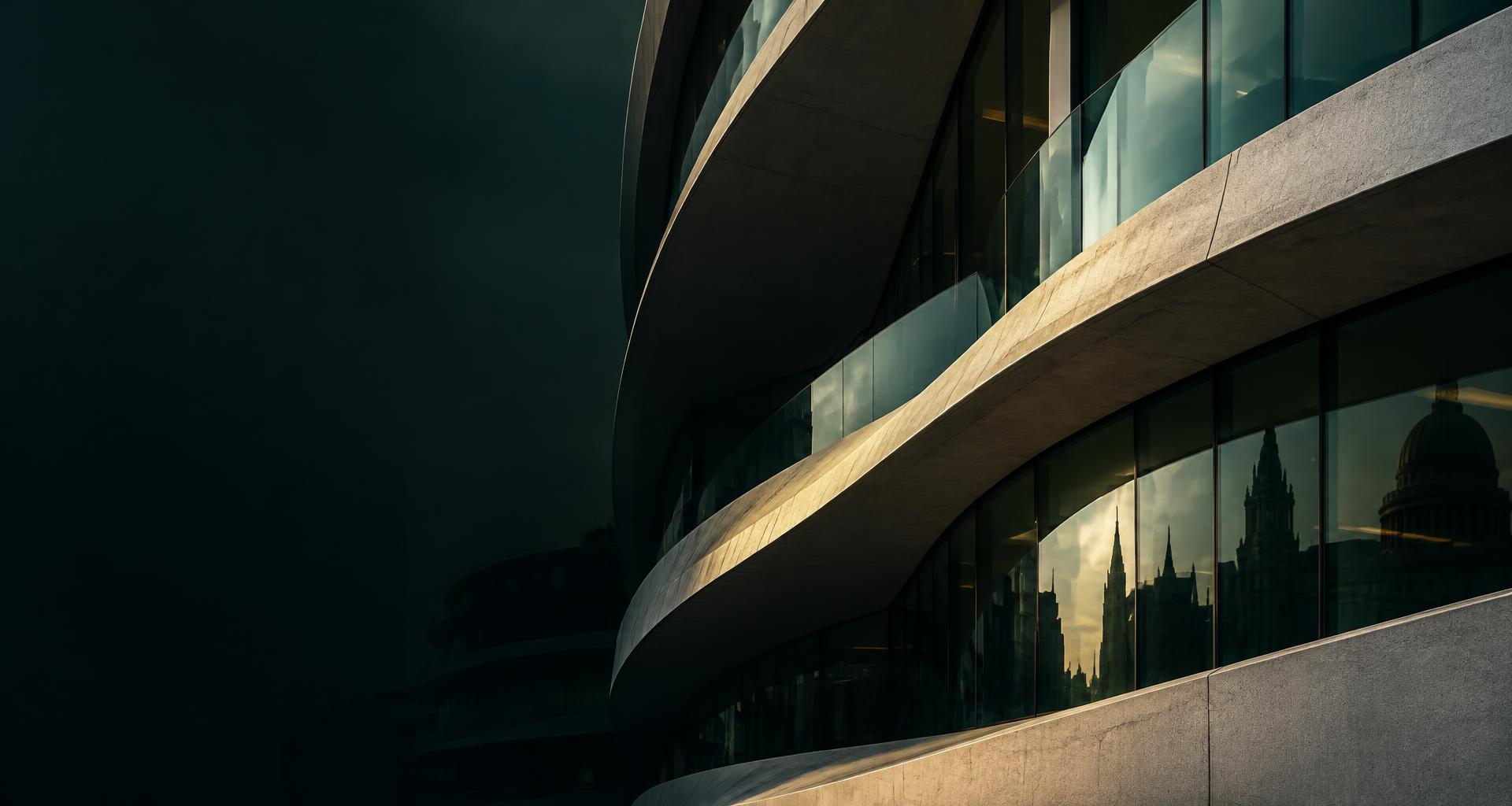 Sculptural contemporary architecture with warm light and deep teal glass